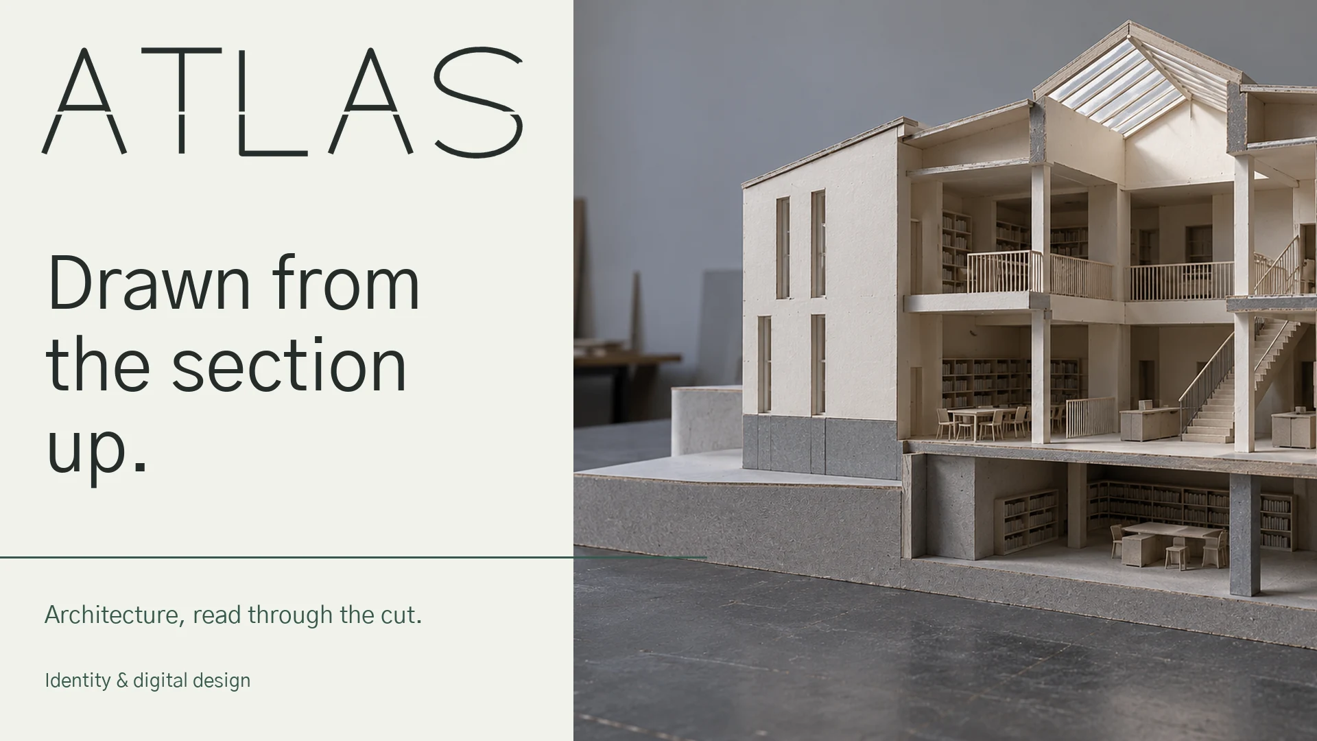 Drawn Atlas wordmark beside a cutaway library study model