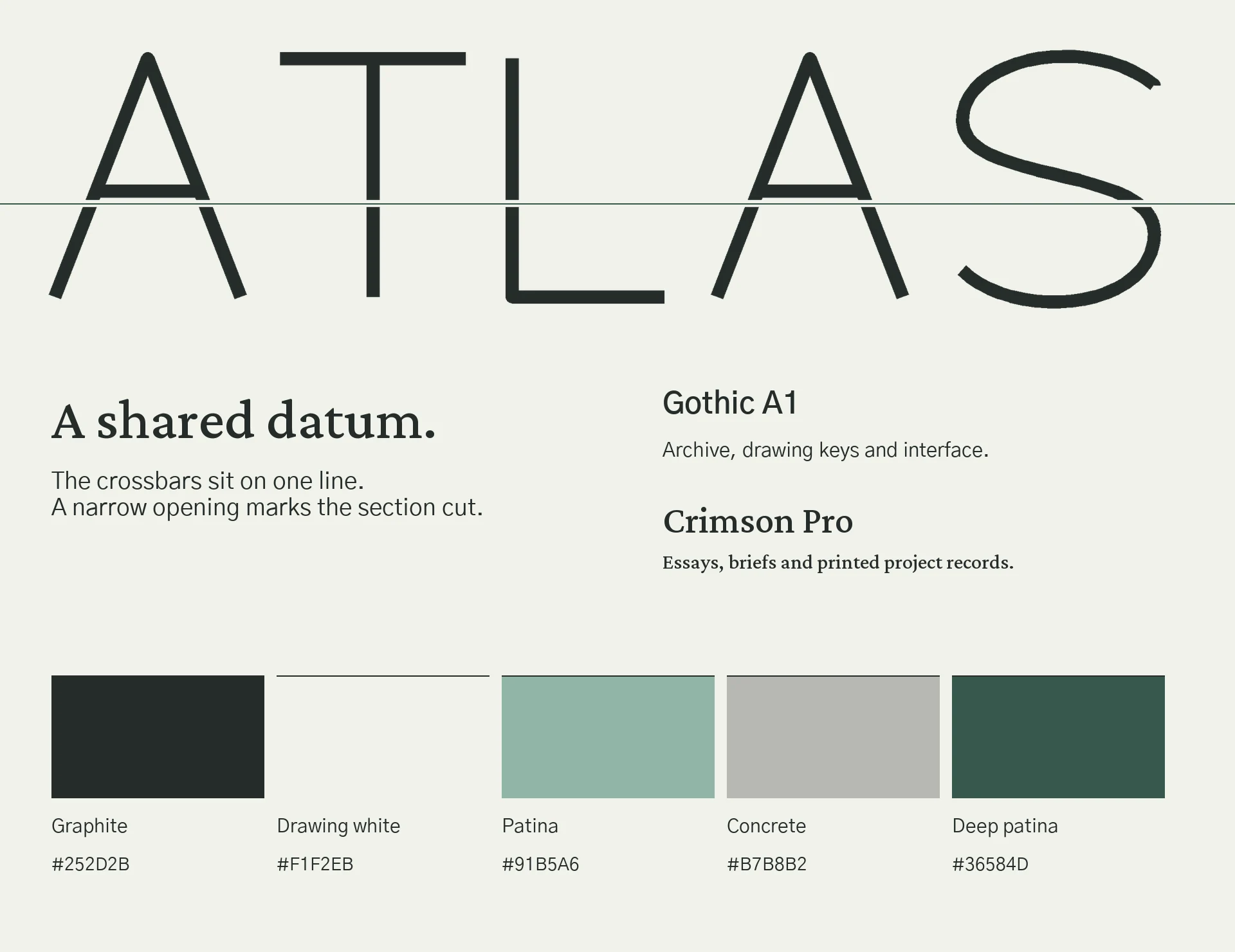 Atlas shared datum, Gothic A1, Crimson Pro and mineral colours