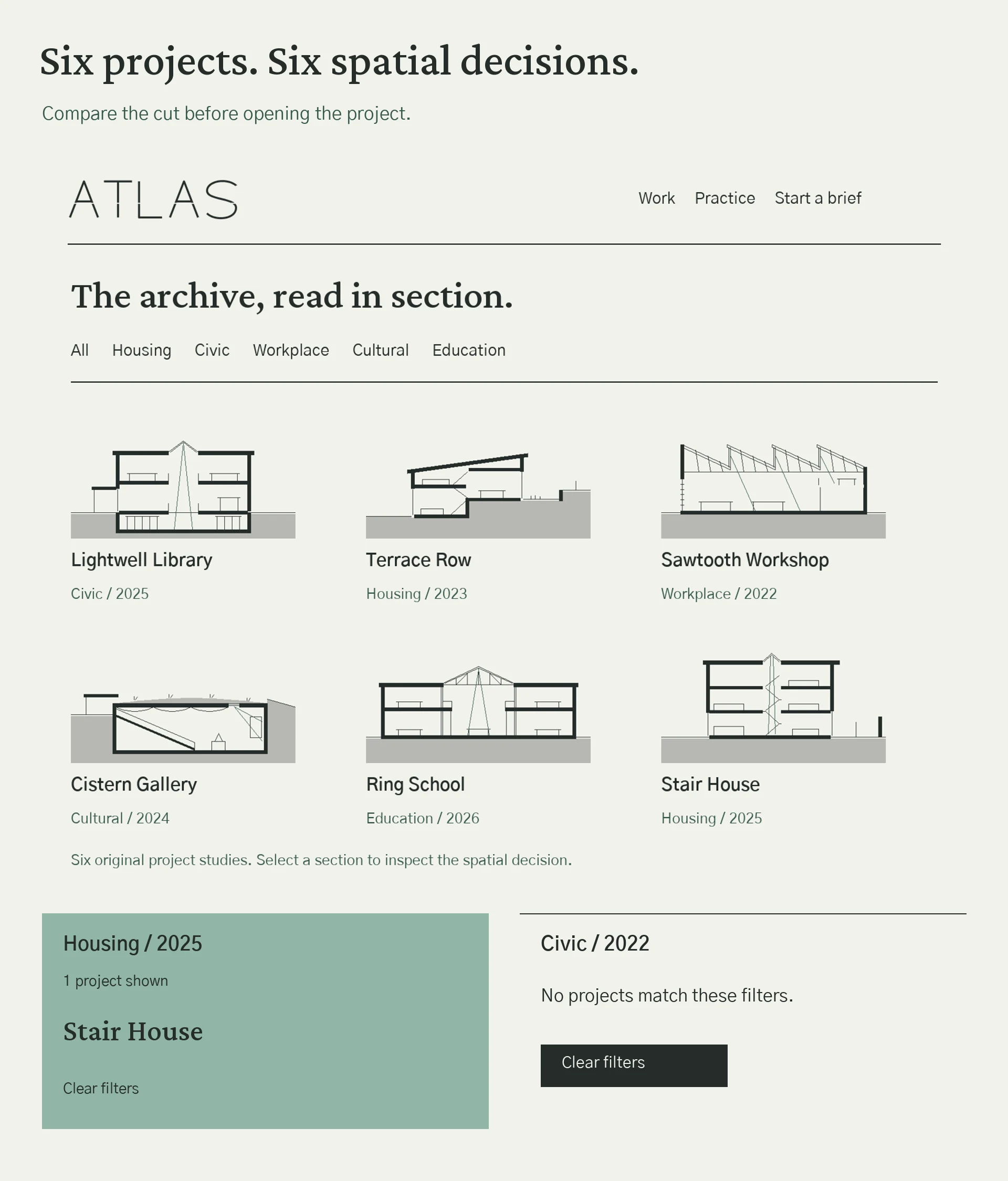 Six original section drawings in a project archive with filter and recovery states