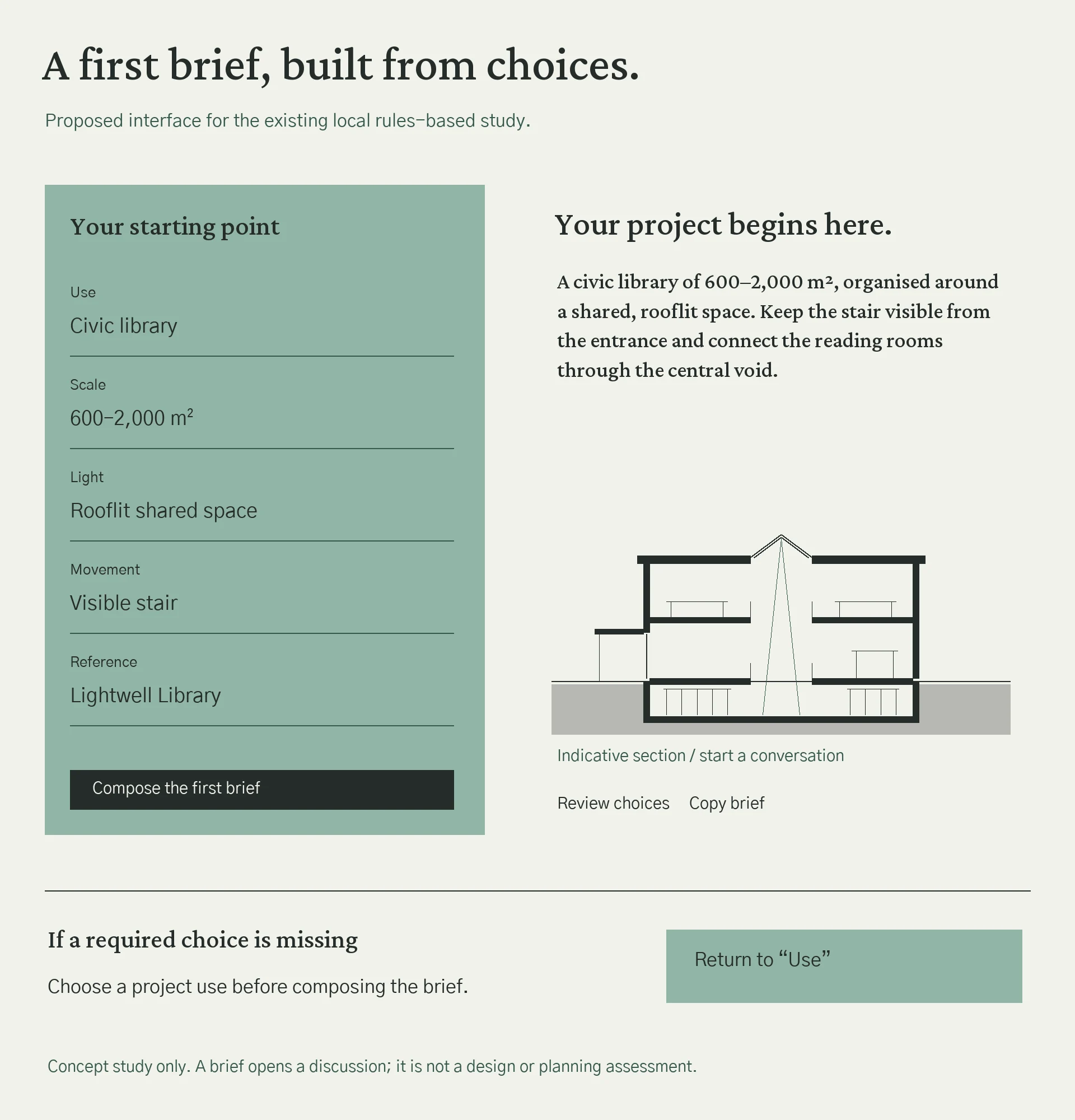 Brief choices, resulting written brief, indicative section and missing-input recovery