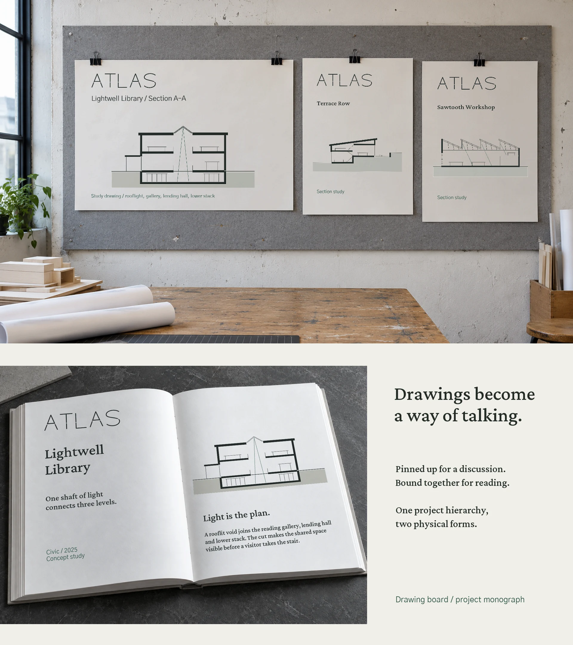 Pinned drawings board and printed project monograph in studio context