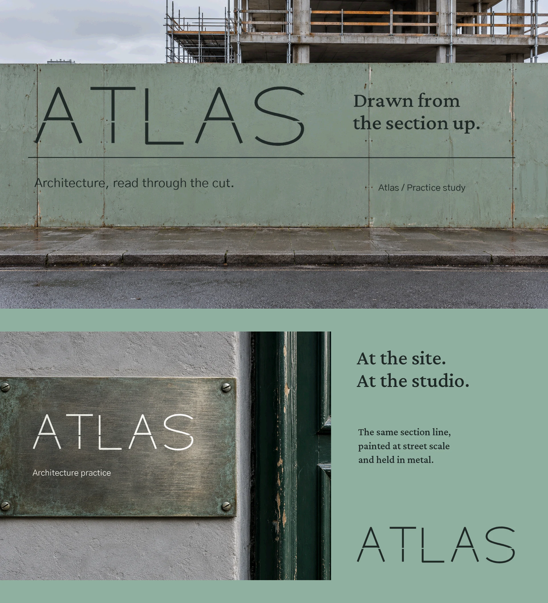 Atlas identity on a site hoarding and patinated metal office door plate