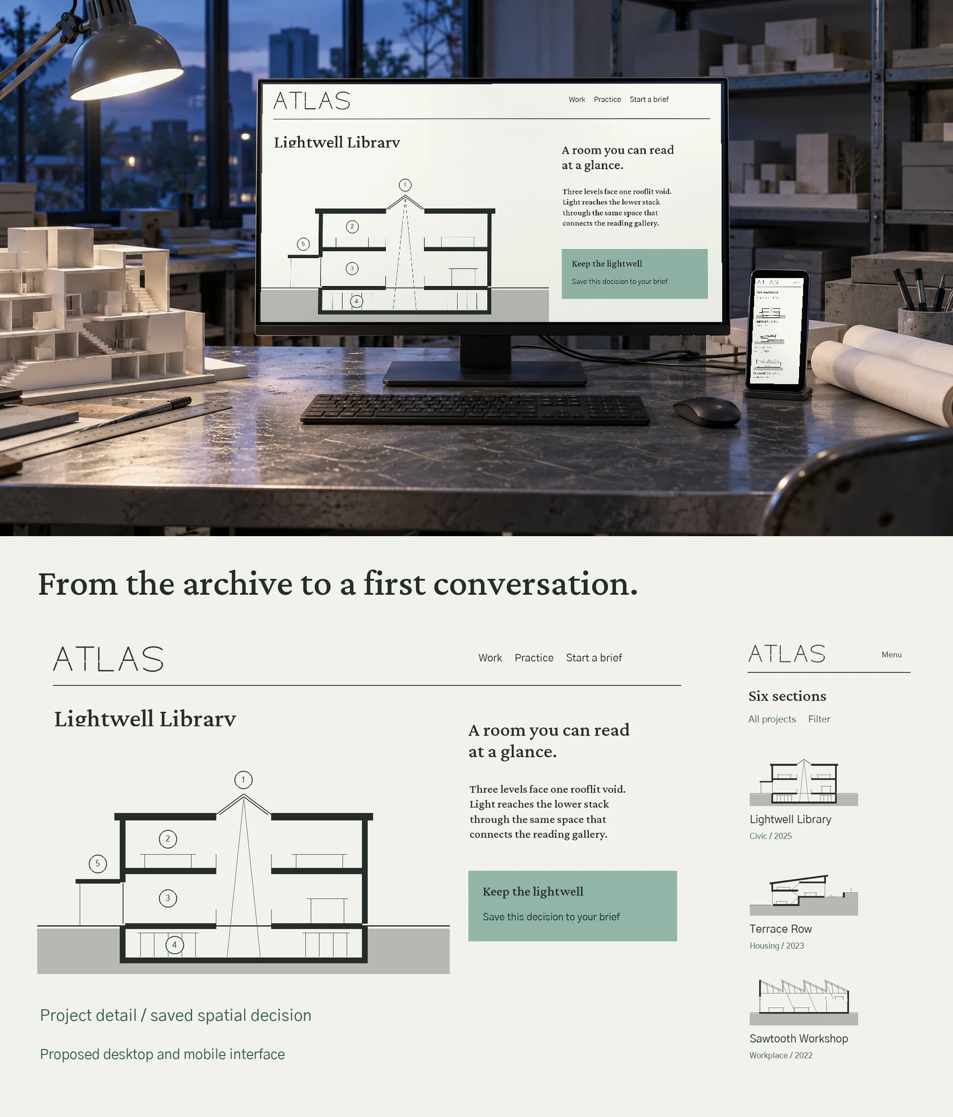 Project and archive pages on monitor and phone with enlarged interface artwork