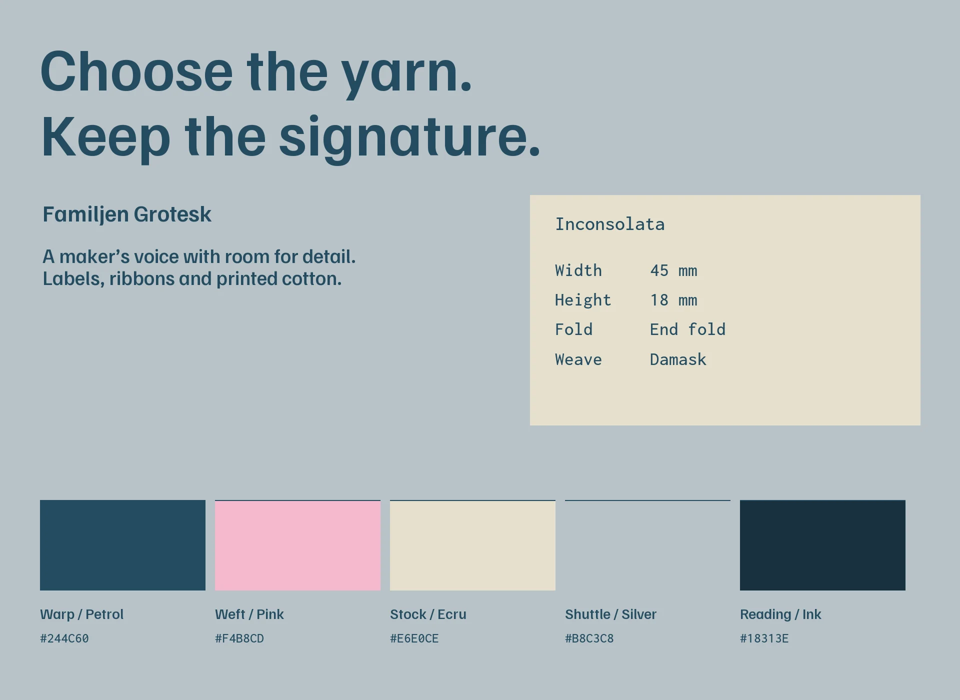 Familjen Grotesk, Inconsolata and yarn colours