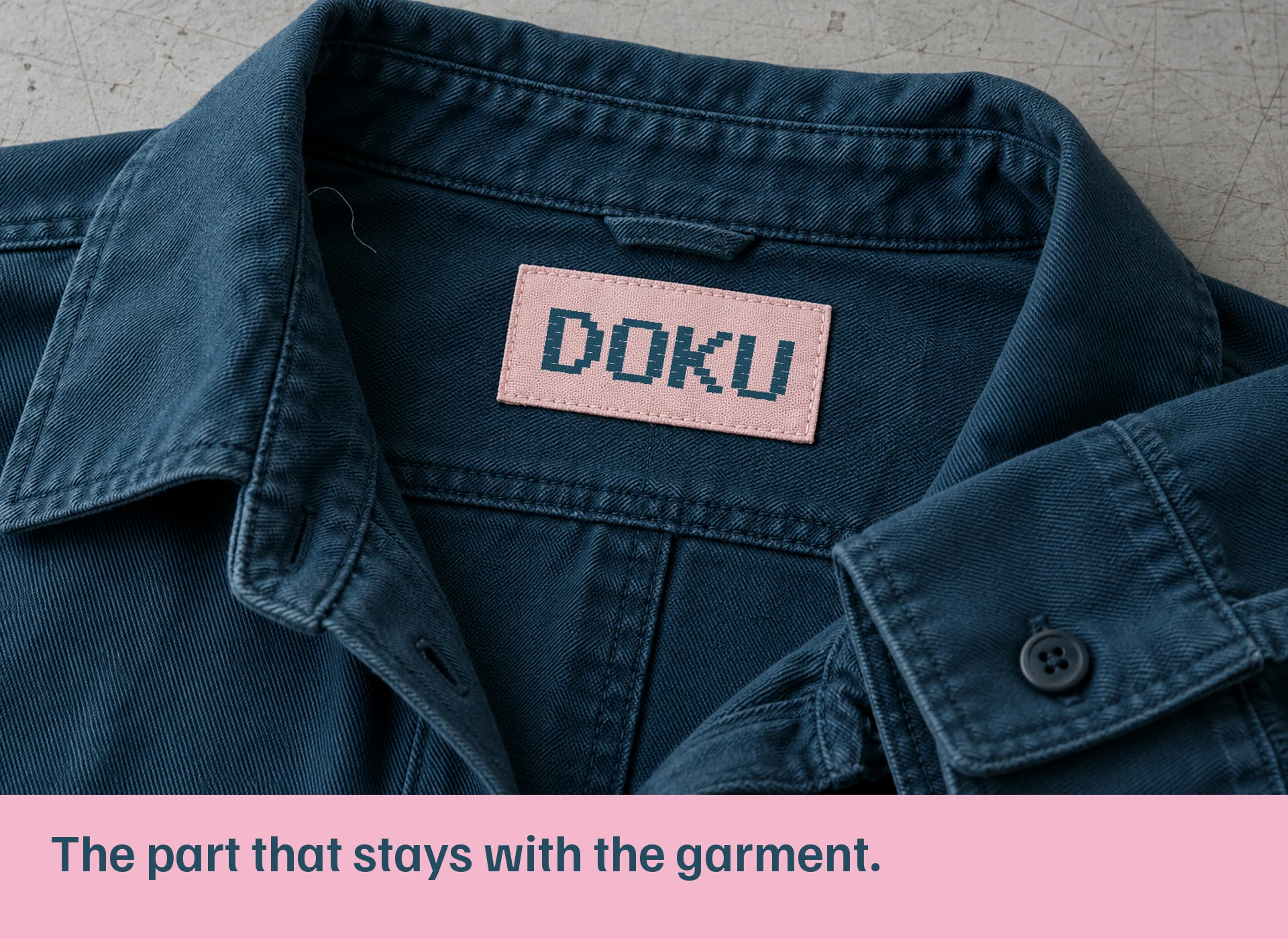 Woven Doku neck label sewn into a petrol garment