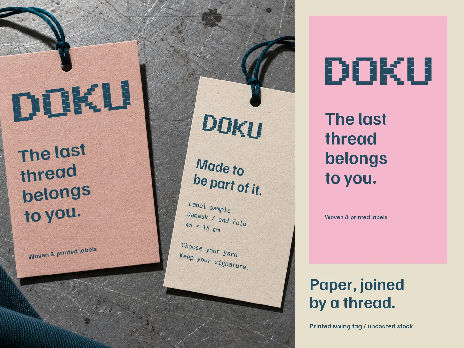 Printed swing tags with thread ties and readable master artwork