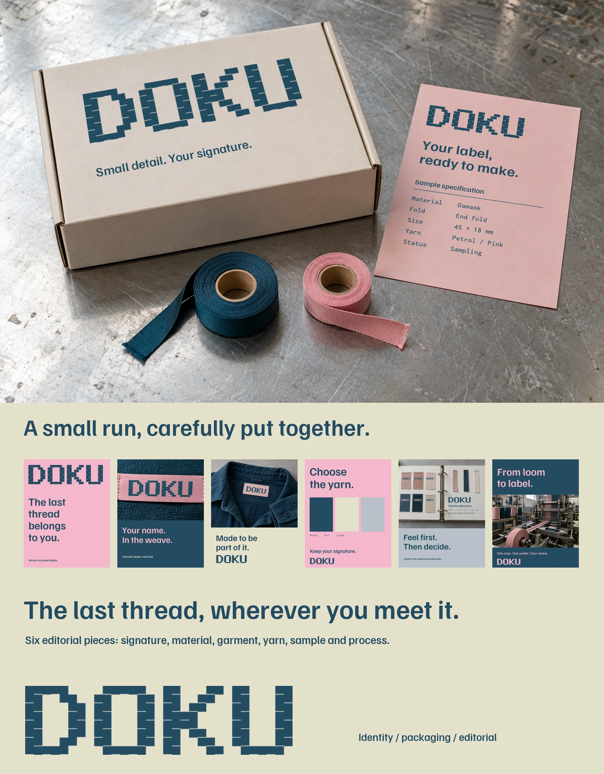 Maker dispatch packaging, specification sheet and six social pieces