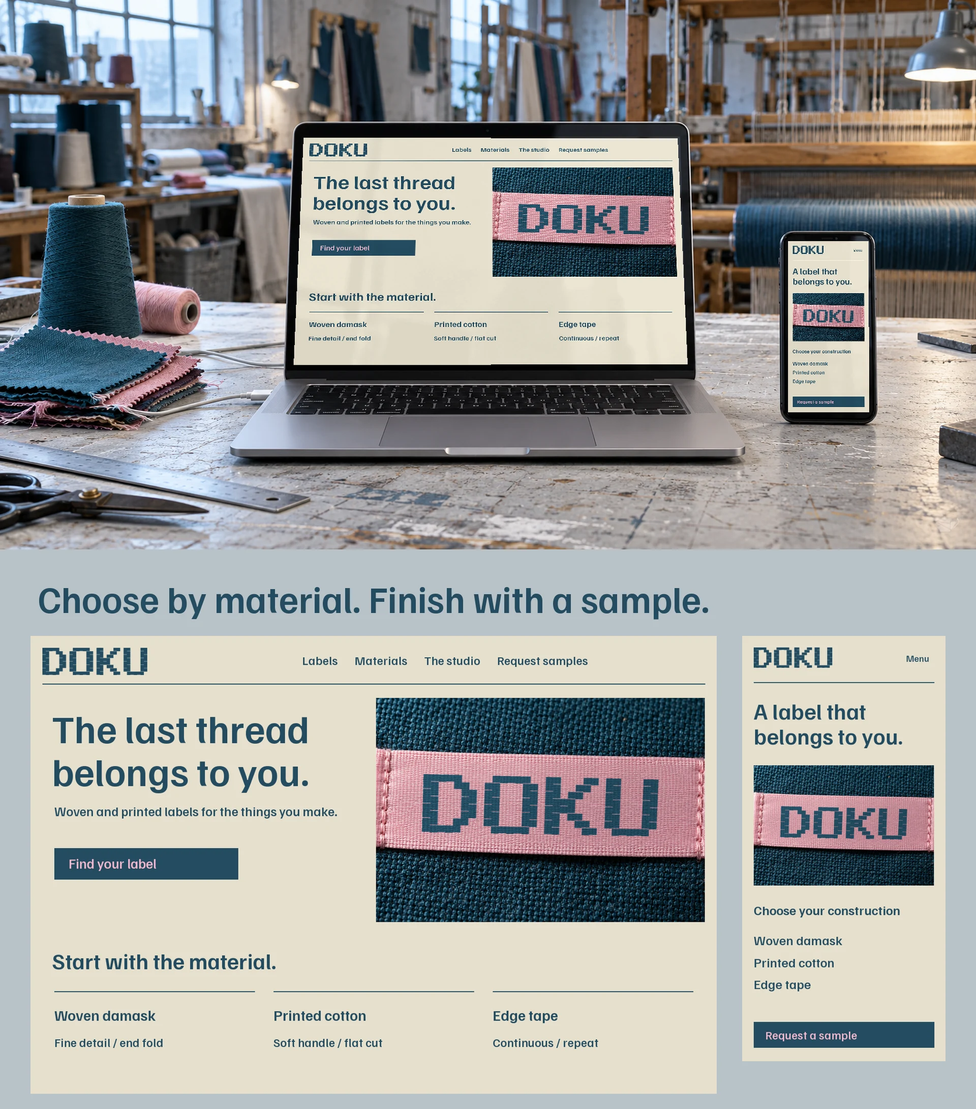 Material catalogue on laptop and phone with enlarged responsive layouts