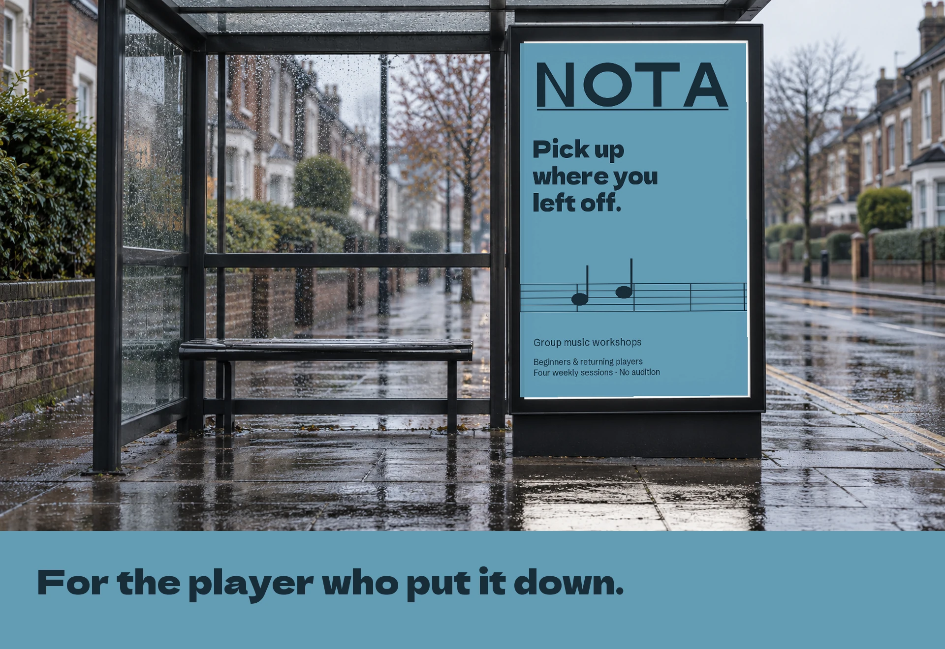 Returning player campaign on a bus shelter after rain