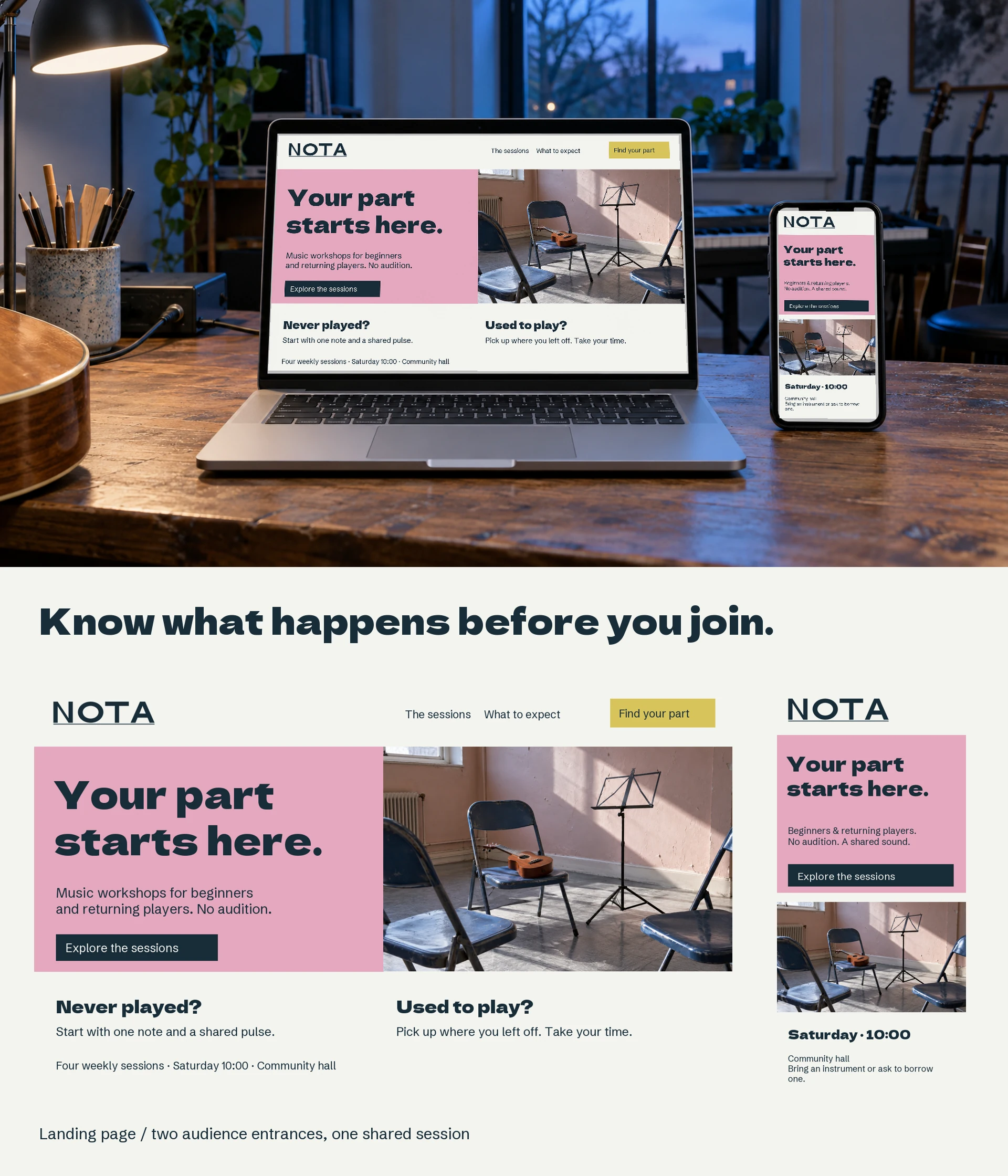 NOTA landing page on laptop and phone with enlarged responsive artwork