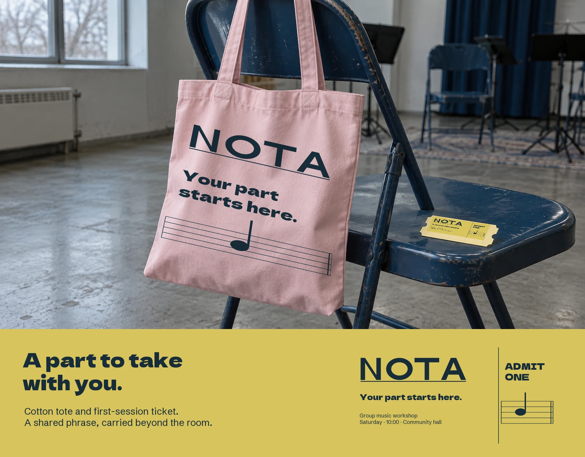 Printed cotton tote and first-session admission ticket