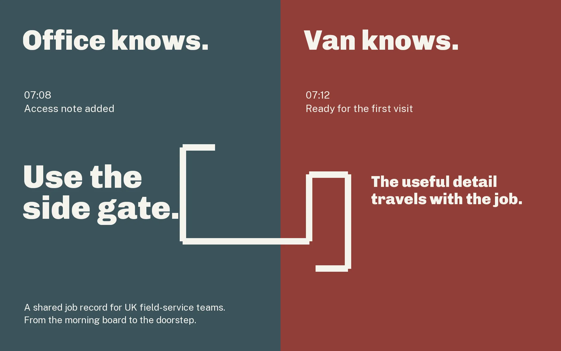 Office-to-van handover and an access note