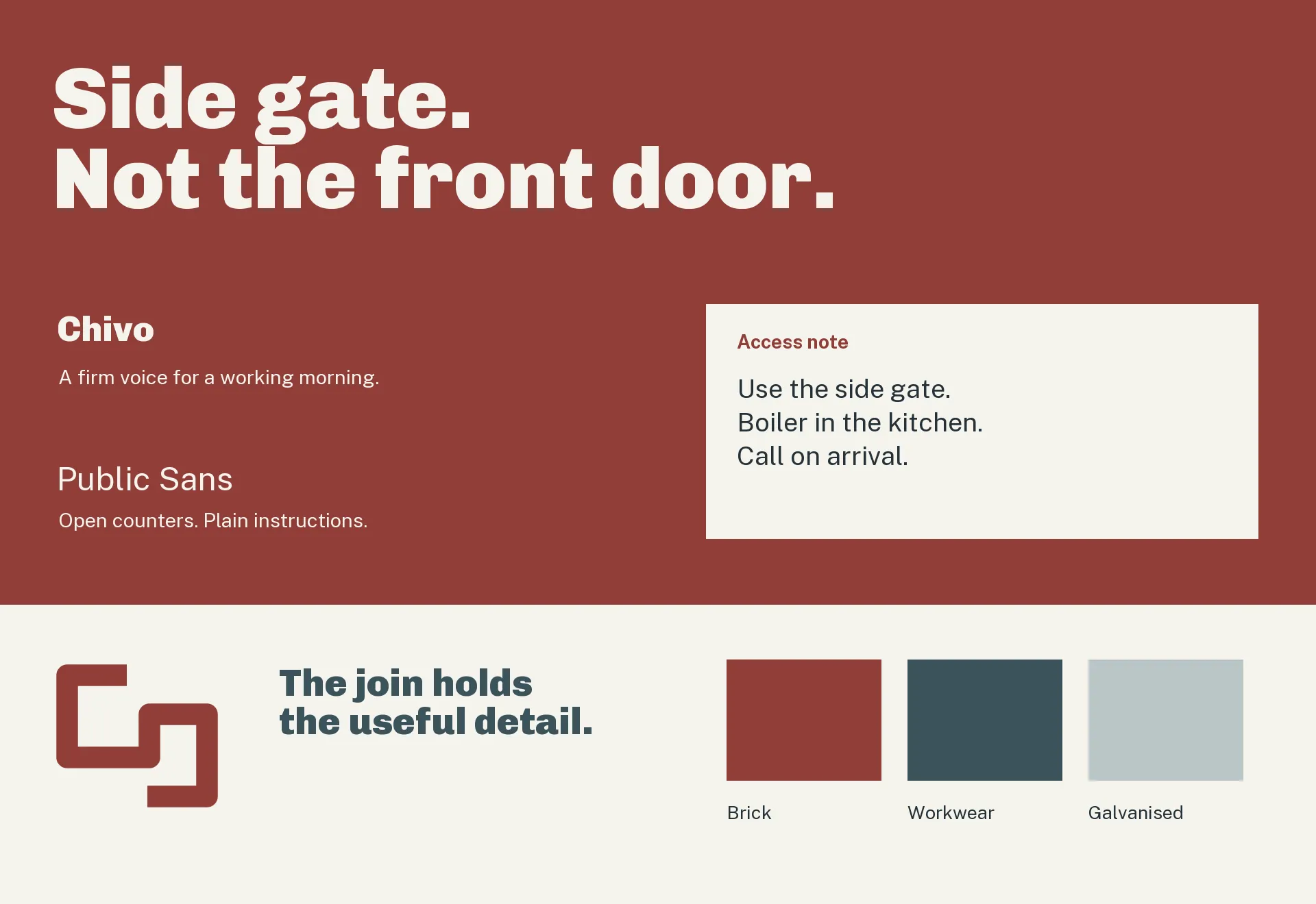 Typography, colour and joining bracket system