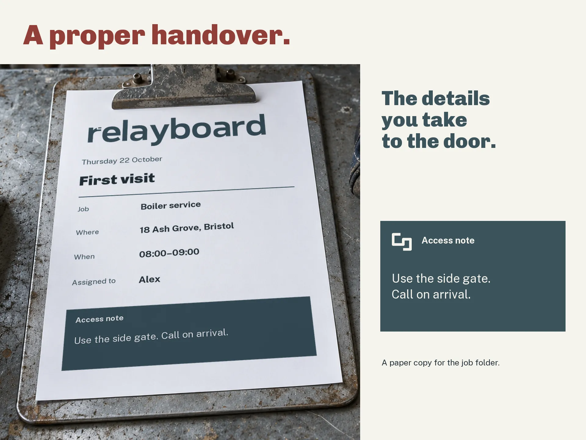 Printed job sheet on a workshop clipboard