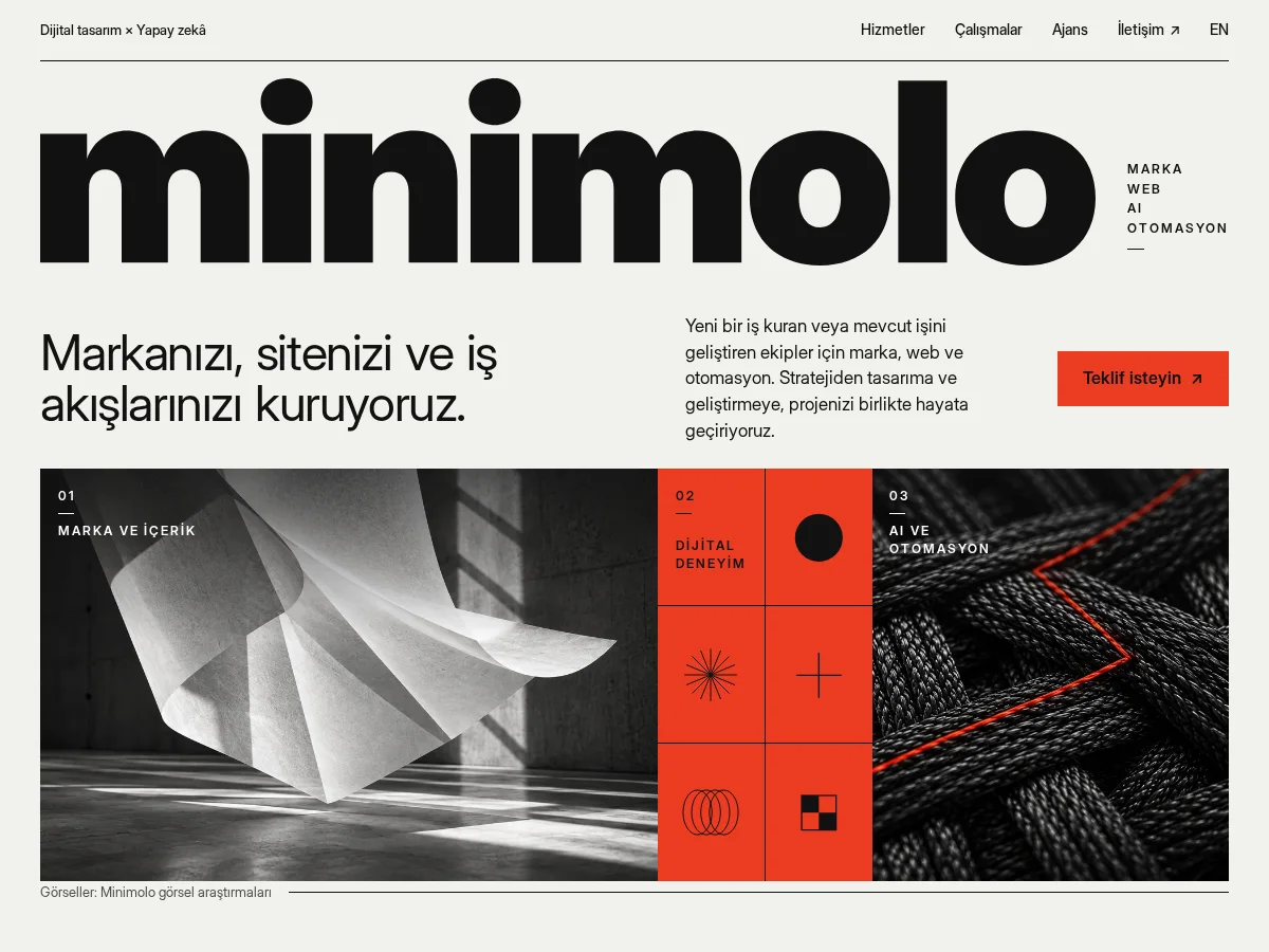 Minimolo website showing the brand, services and project cards